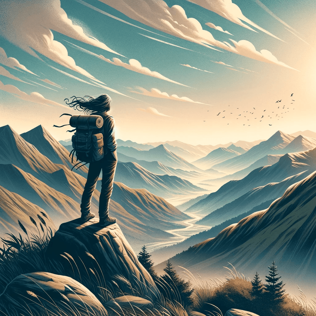 DALL·E 2024-01-28 20.22.02 - Une illustration capturant le sentiment de liberté et de découverte, avec un voyageur solitaire debout sur une colline, regardant un paysage vallonné .png