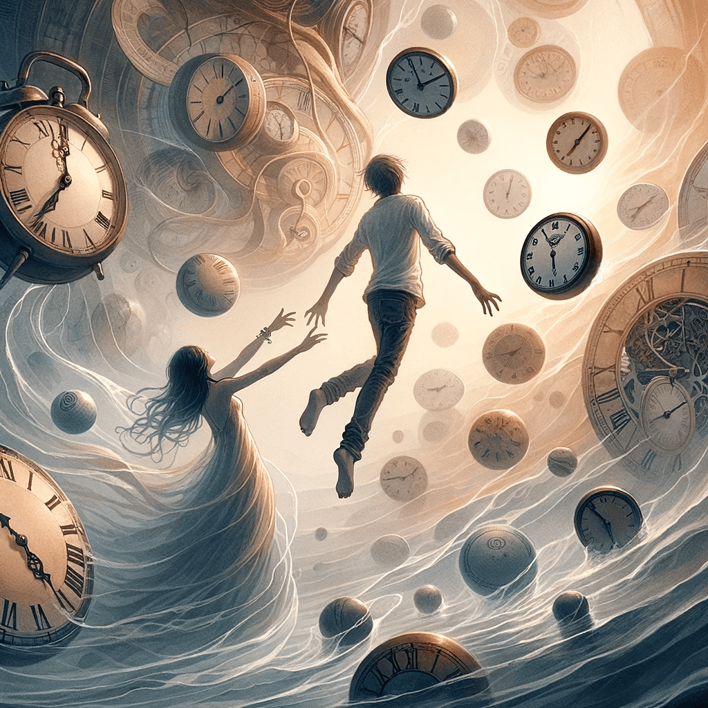 DALL·E 2024-01-28 21.10.36 - Une illustration poétique d'une femme et d'un homme flottant dans un espace onirique, avec des éléments symboliques du temps comme des horloges, des m.png